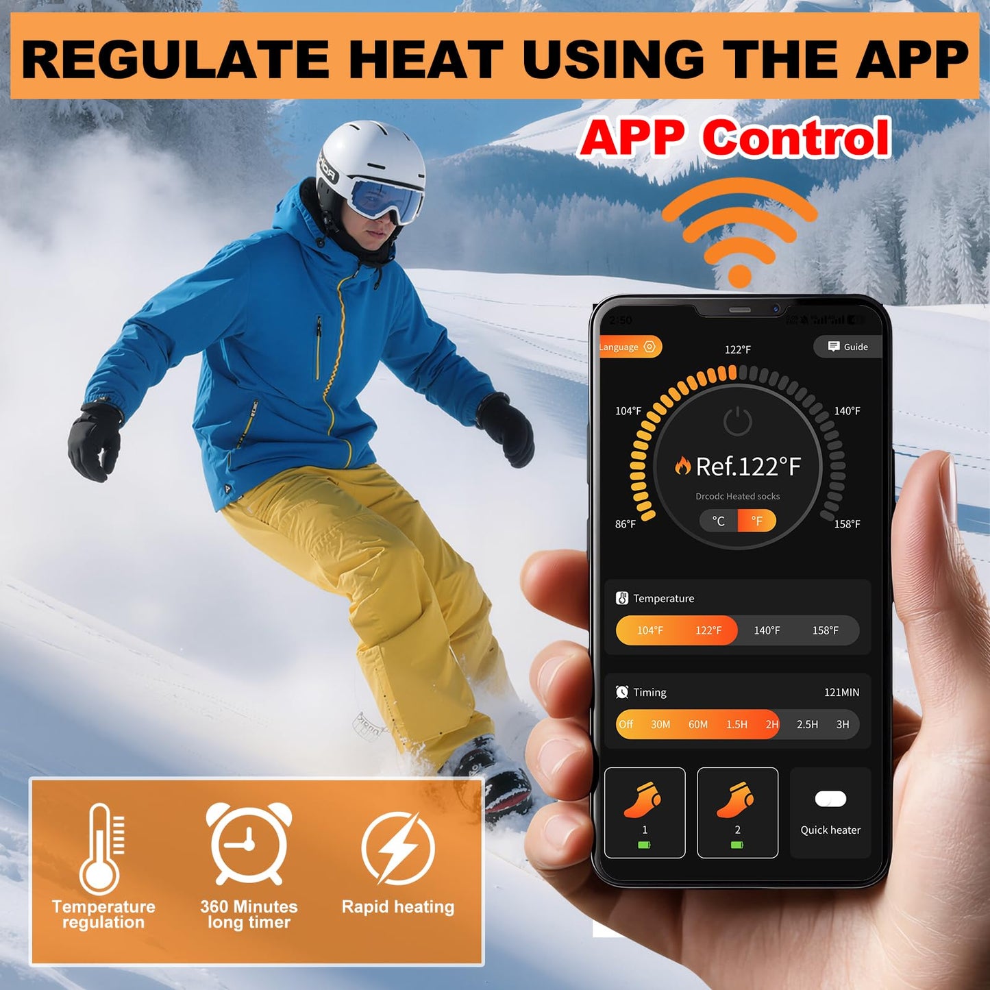 Heated Socks with App Control for Men Women, 8500mAh*2 Battery Rechargeable, Electric Socks with 4 Heating Levels for Winter Warm, Skiing, Hunting, Camping, Hiking, Cycling, Outdoor