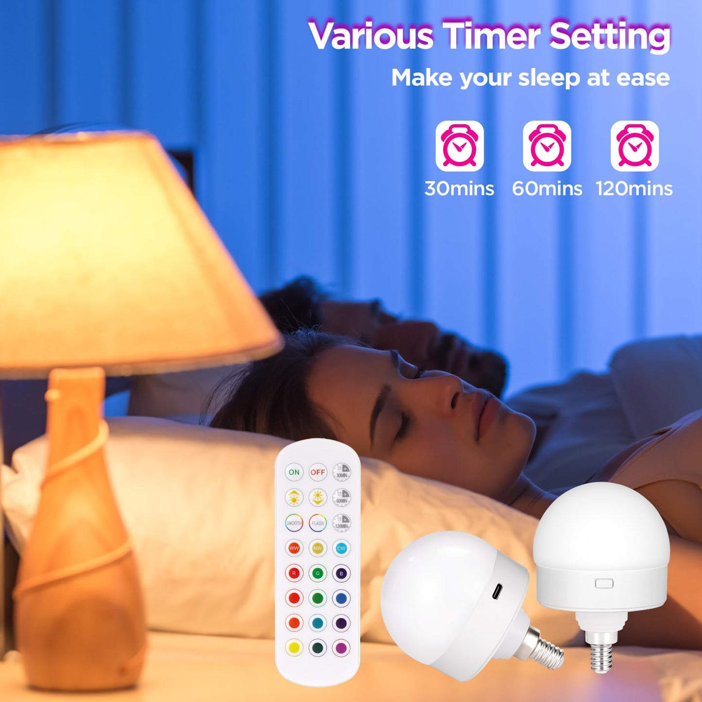 Yochoice 2-Pack E12 Rechargeable Battery Operated Light Bulb with Remote, Dimmable LED Bulb with 15 Colors Selectable & 3 Timer, Wireless Detachable Puck Light Bulb for Wall Sconce, Non-Hardwired