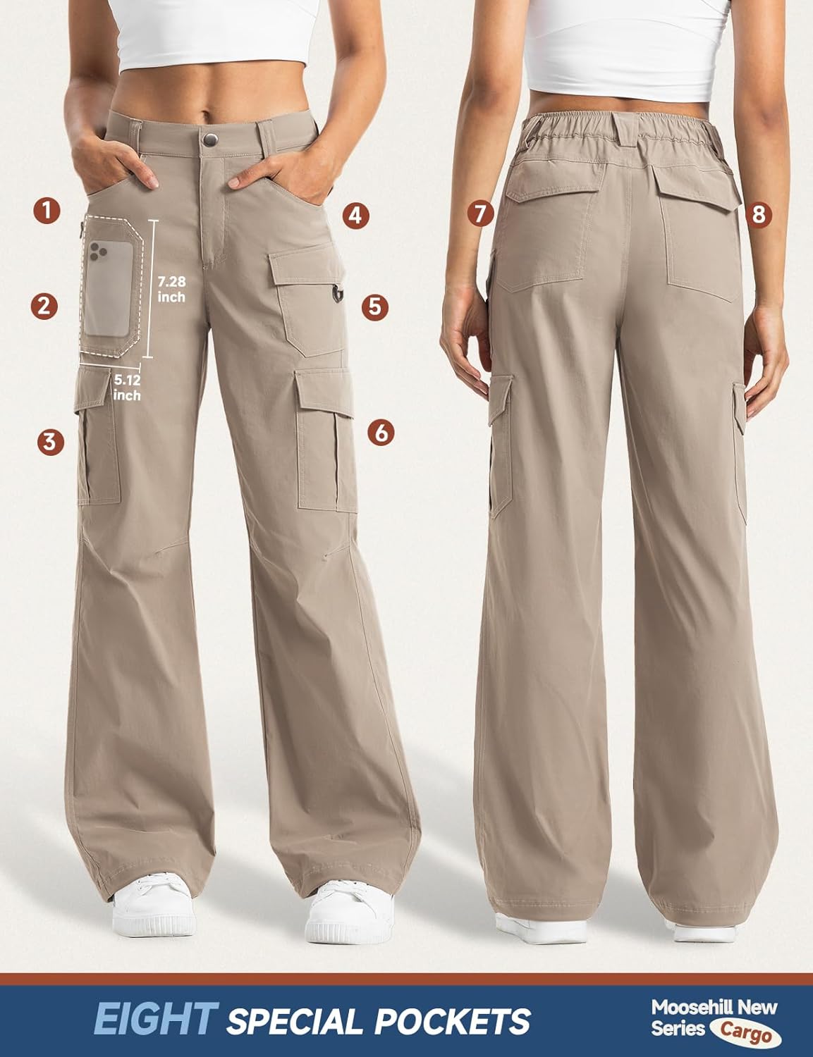 Moosehill Women's Cargo Hiking Pants - High-Waisted, Water-Resistant, Lightweight Stretch | Perfect for Outdoor & Casual Wear