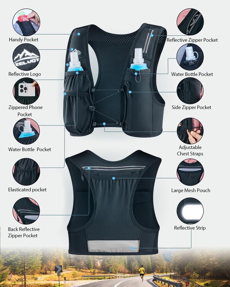 Zelvot Running Vest for Women Men, USA Original Patent, Adjustable Chest Straps Running Hydration Vest with 500ml Soft Flask, Lightweight Reflective Hydration Backpack for Marathon (Black, XS/S)