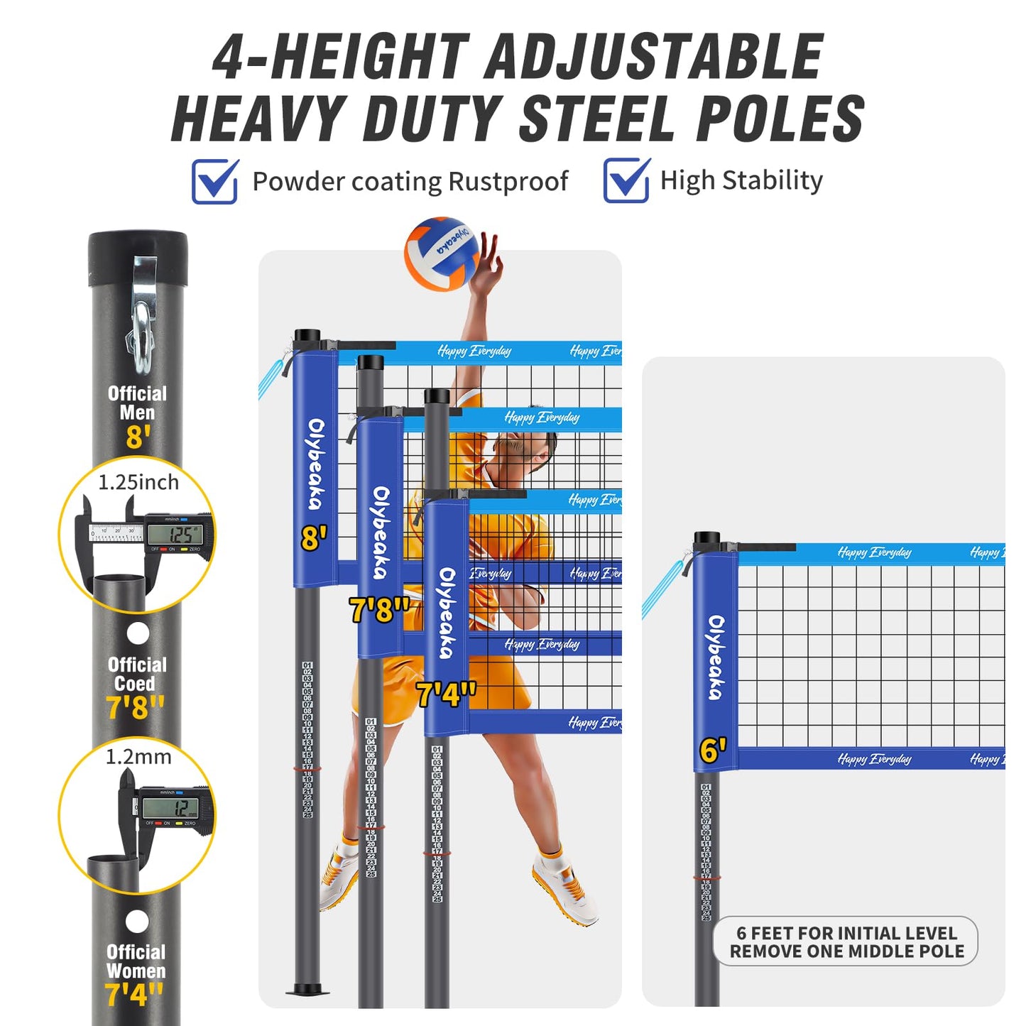 Outdoor Portable Volleyball Net Set for Backyard Beach with Adjustable Heavy Duty Poles, Durable Net, PU Volleyball & Pump, Carry Bag (Dark Blue and Light Blue, 32ft)