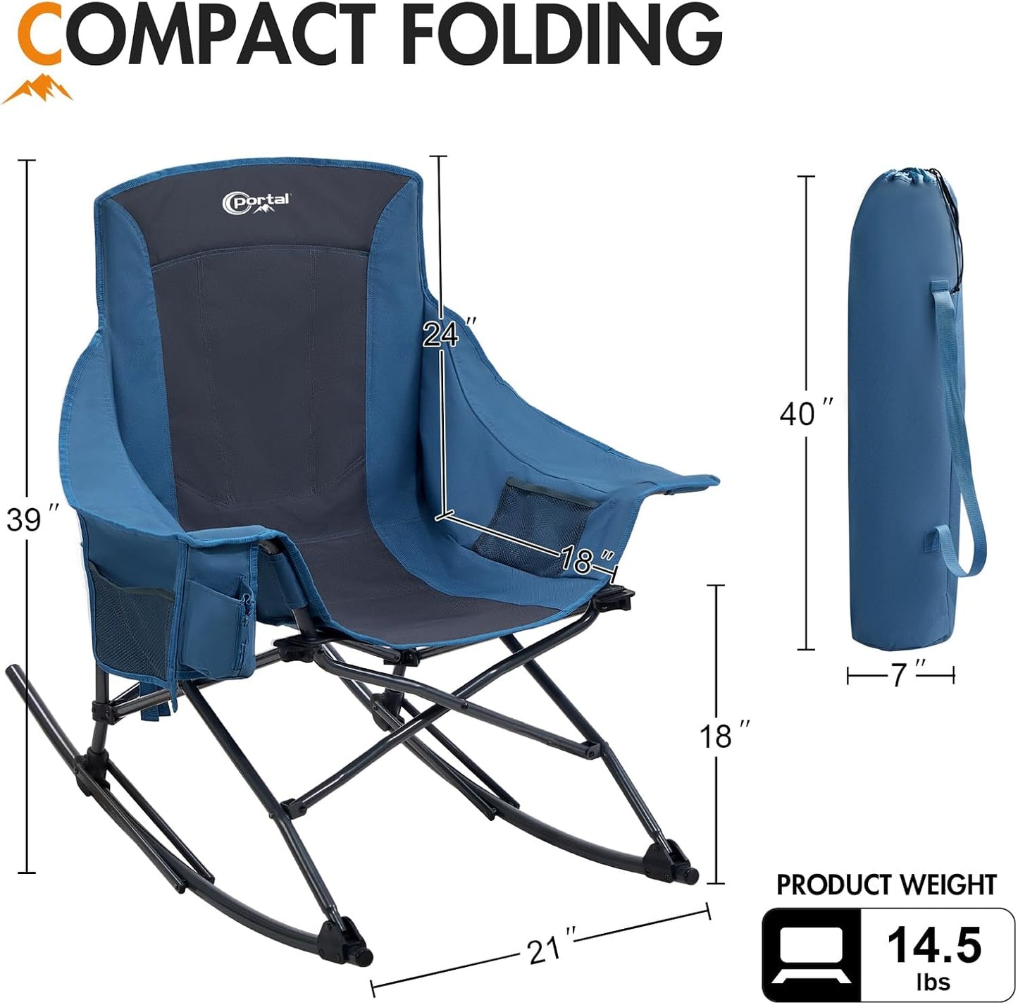 Portal Outdoor Rocking Chair - Portable Camping Rocker with Cup Holder & Side Pocket | Supports 350LBS, Blue