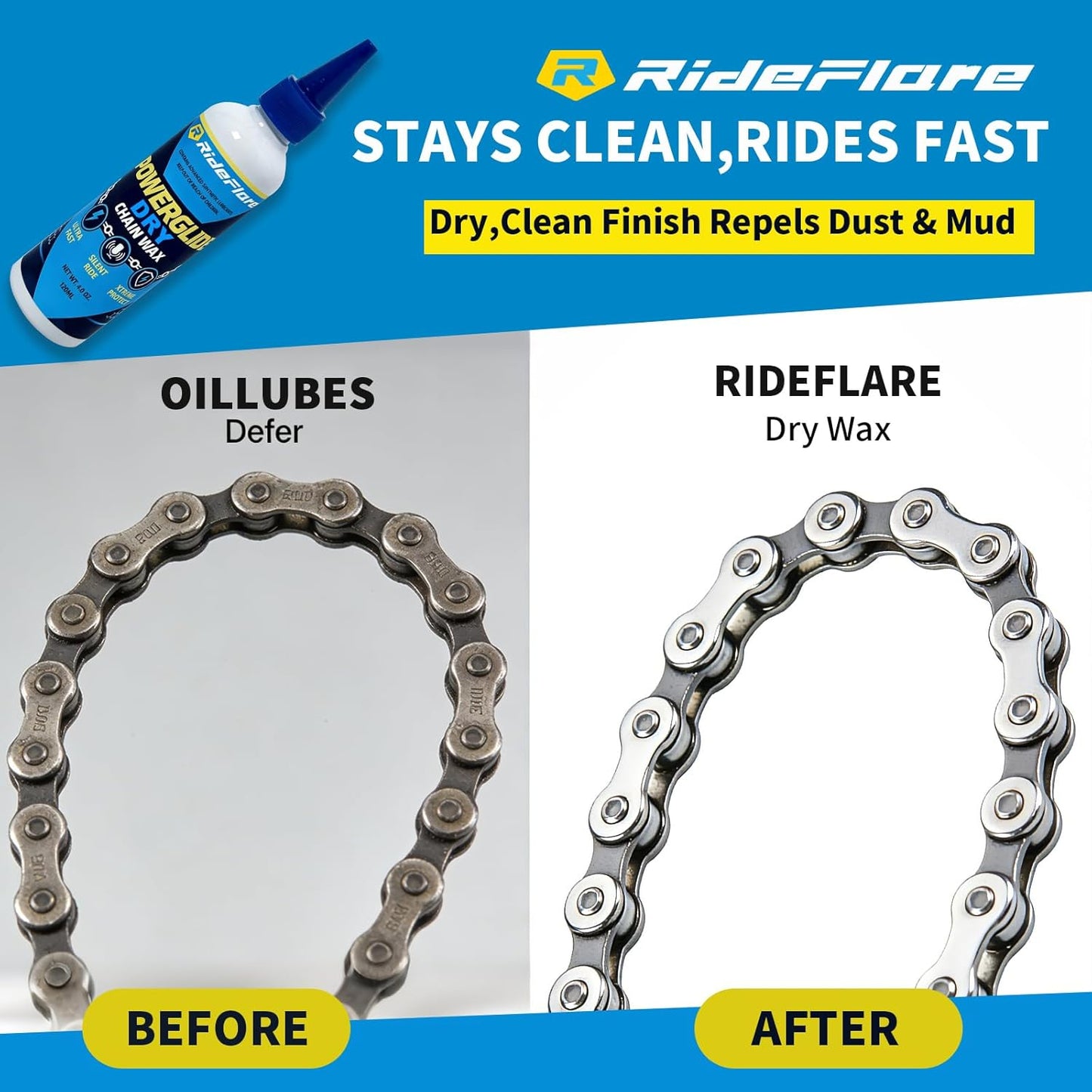 RideFlare POWERGLIDE Dry Bike Chain Wax - Ultra Fast & Silent 60ml | Eco-Friendly Lube for All Bikes