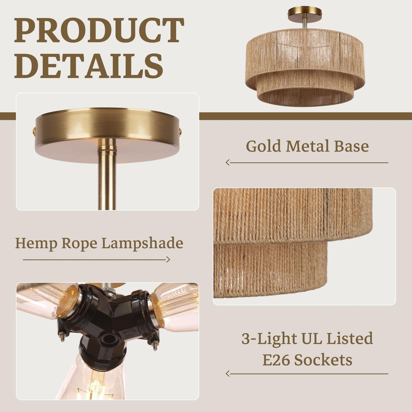 16'' Semi Flush Mount Ceiling Light,Boho Light Fixtures,3-Light Coastal Hemp Rope Ceiling Light Flush Mount with 2-Tier Drum Shade,Farmhouse Rattan Ceiling Lights for Bedroom, Kitchen,Living Room