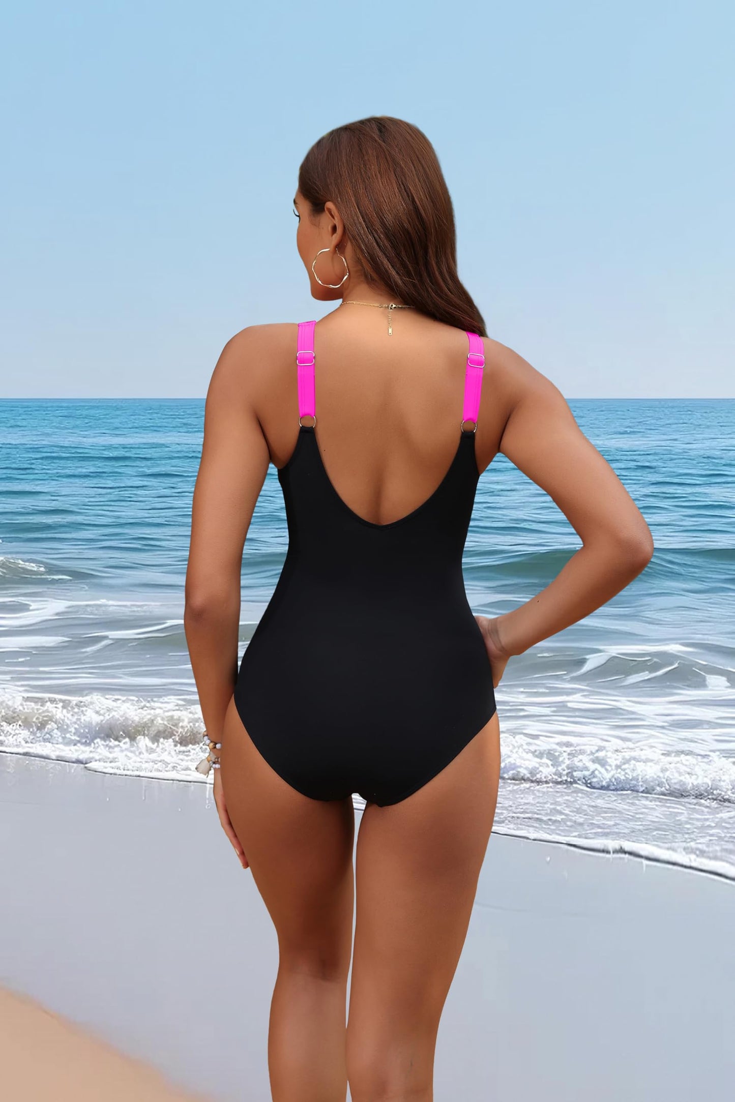 Holipick Hot Pink Black Women Tummy Control One Piece Swimsuit - Push Up Bathing Suit Full Coverage Slimming Swimwear L