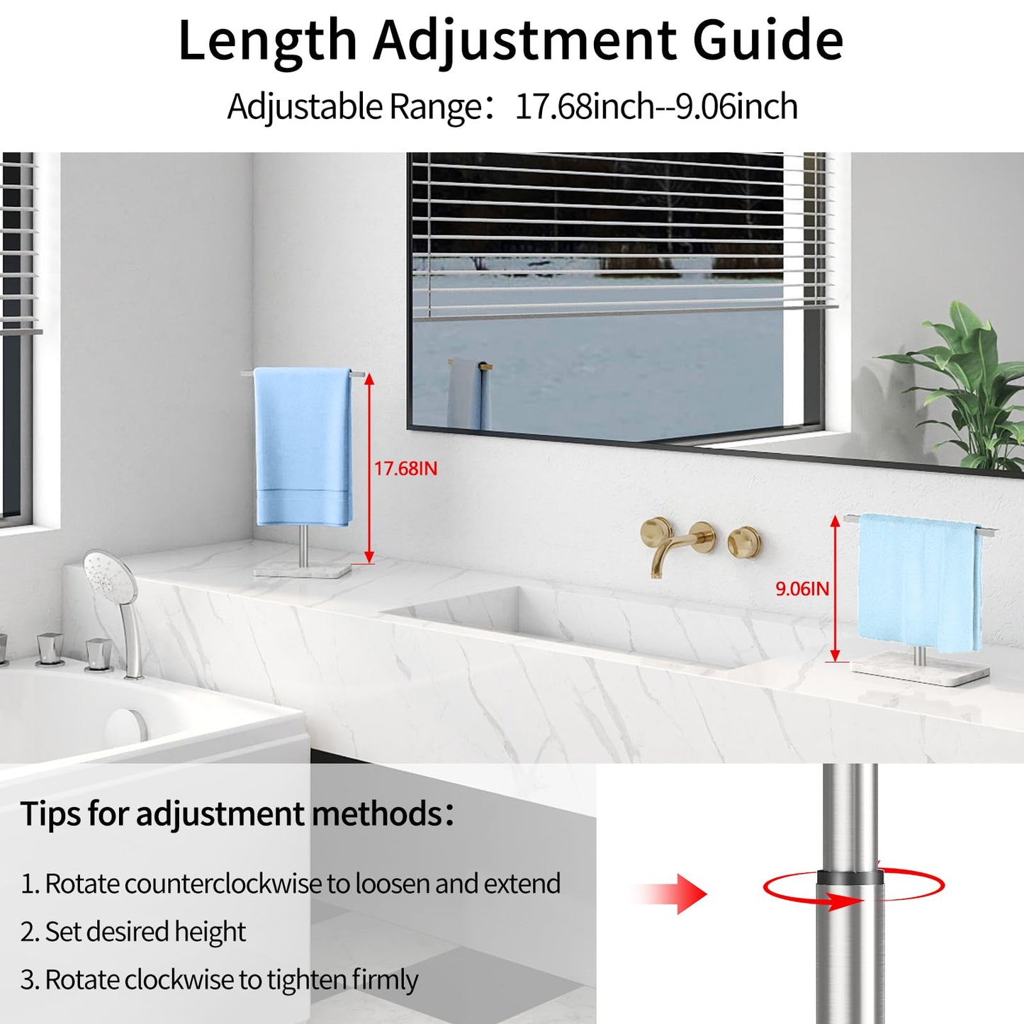 Hand Towel Holder Stand, T-Shape Hand Towel Rack for Bathroom, Hand Towel Stainless Steel for Kitchen Vanity Countertop, Marble Base Brushed Adjustable 9.06" -17.68"