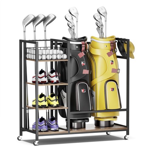 Holbrett Wooden Golf Bag Storage Stand, Farmhouse Style Sports Equipment Organizer, Garage Organizer for Golf Equipment, Clubs, Balls and Accessories