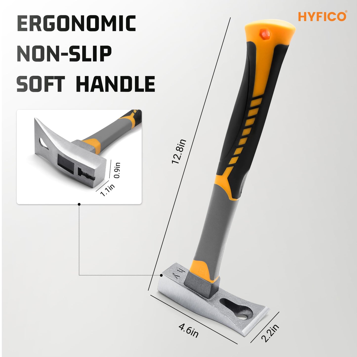 3-in-1 Pry Bar Hammer with Nail Puller - Unique Hammer Head 12.5" 18oz Pry Bar - Multi-Functional Tool with Cats Paw, Crowbar | Rubber Grip, Polished Beveled Claws - Forged Steel Design for Strength