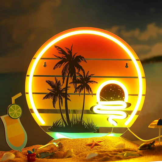 Glooglitter Tropical Neon Sign 11.8 Inch Palm Tree Sunset Neon Light for Wall Decor Colorful LED Light up Bar Signs for Bedroom Bar Beach Theme Restaurant Party Decor Gift