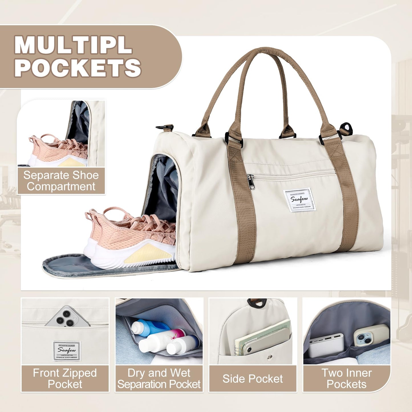 Weekender Duffel Bags for Women, Travel Totes Bag for Airplane, Cute Sports Gym Dance Bag Overnight Luggage Bag with Wet Pocket Shoe Compartment, Carry On Hospital Bag for Labor and Delivery, White