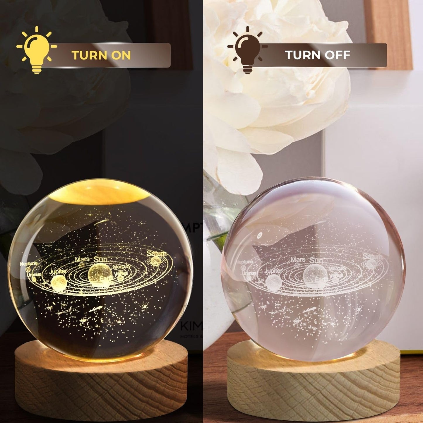 Flexzion 3D Solar System Crystal Ball Night Light - LED Light Hologram Glass Lamp with Solid Wood Base, USB Powered Crystal Ball Lamp w/Adjustable Brightness for Home Decor Display Gift,2.4inch(60mm)