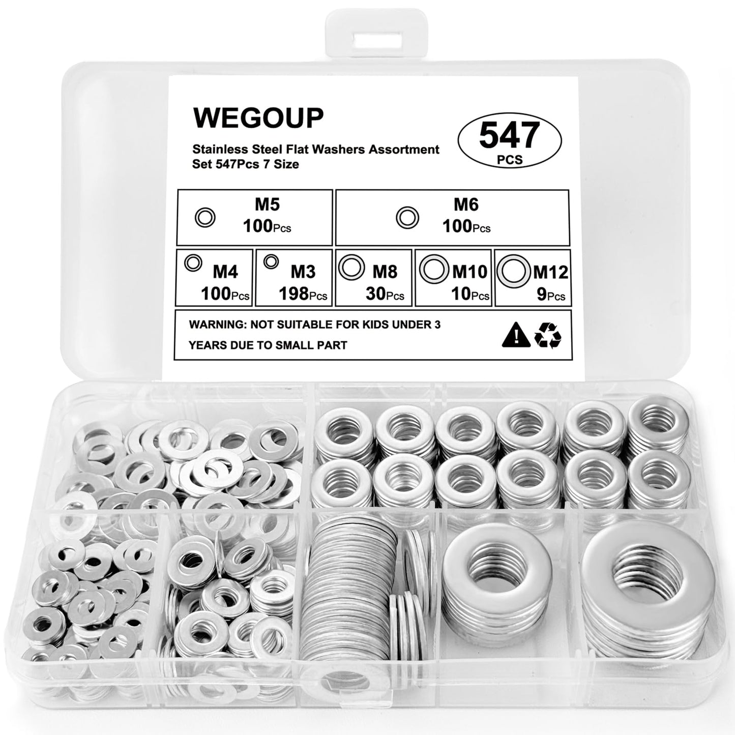 Kviceo Stainless Steel Flat Washer Set – 18-8 (304) Stainless Steel, Assorted Sizes for Automotive, Home, Industrial & DIY Use, with Plastic Case (547, M3, M4, M5, M6, M8, M10, M12)