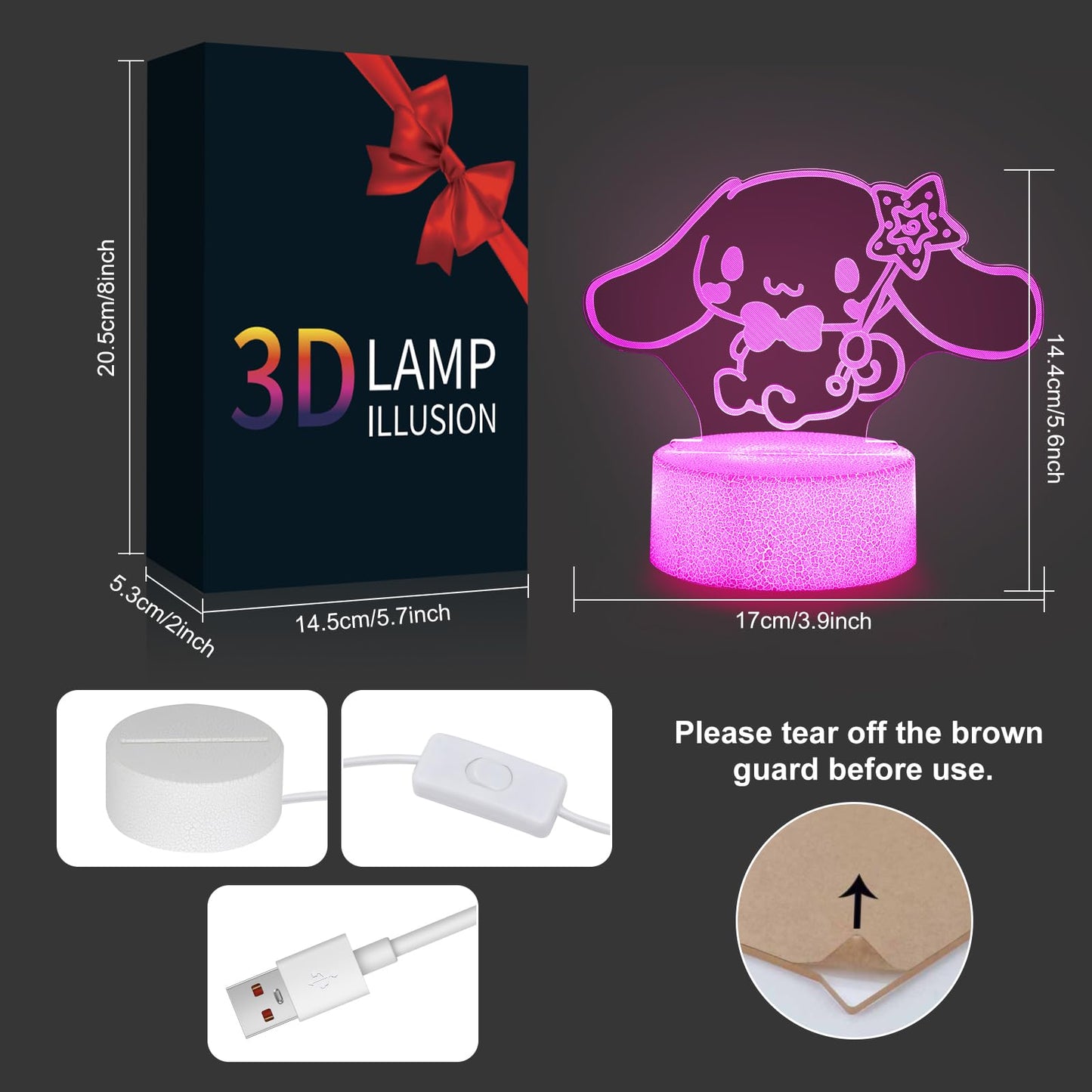 sunduck Pink Kawaii Night Light with Corded Control- Cute Dreamy Girls Room Decor, Perfect Birthday/Christmas Gift for Kids, Unique Holiday Present