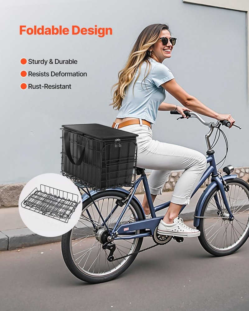 VEVOR Rear Bike Basket, Folding Wire Bicycle Basket with Cargo Net, Removable Liner Bag & Waterproof Cover, Quick Release Design Bike Basket for Adult Women/Men Carrying Dogs Pets Fruit & Grocery