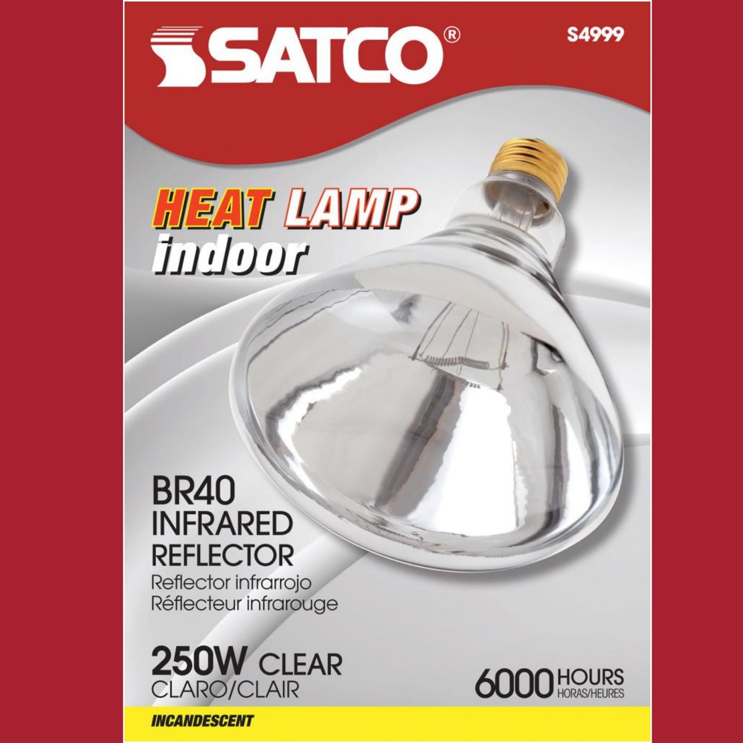 Satco S4999-250 Watt BR40 Heat Lamp Bulb – Clear Finish, Incandescent Reflector, Medium E26 Base, 2700K Warm White, 120V, Dimmable, 6000 Hour Life – CSAus Listed (2 Pack)