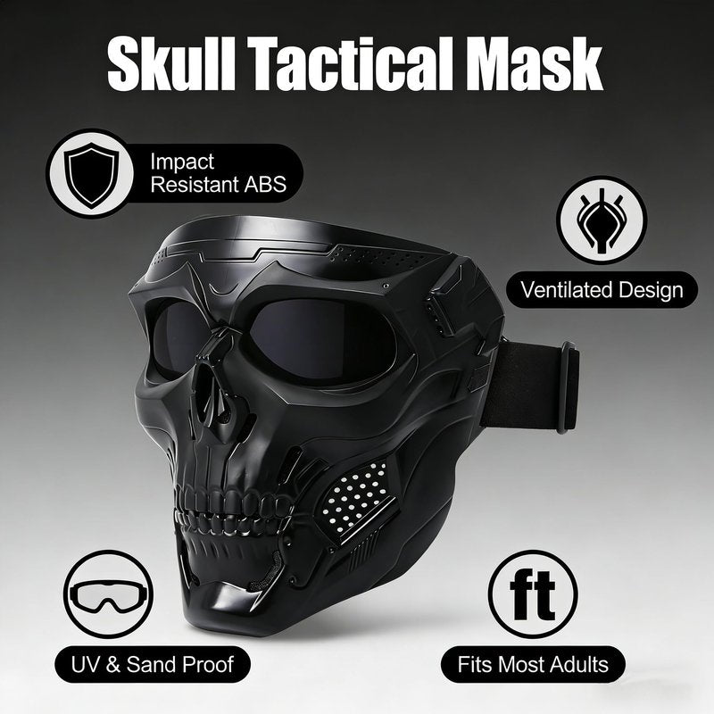 2 PCS Full Face Ghost Skeleton Mask - Black Tactical Gear with Anti-Dust Shield for Paintball, Cosplay & Halloween - Men Safety Protection Mask for Horror Costume, Cool Tactical Games