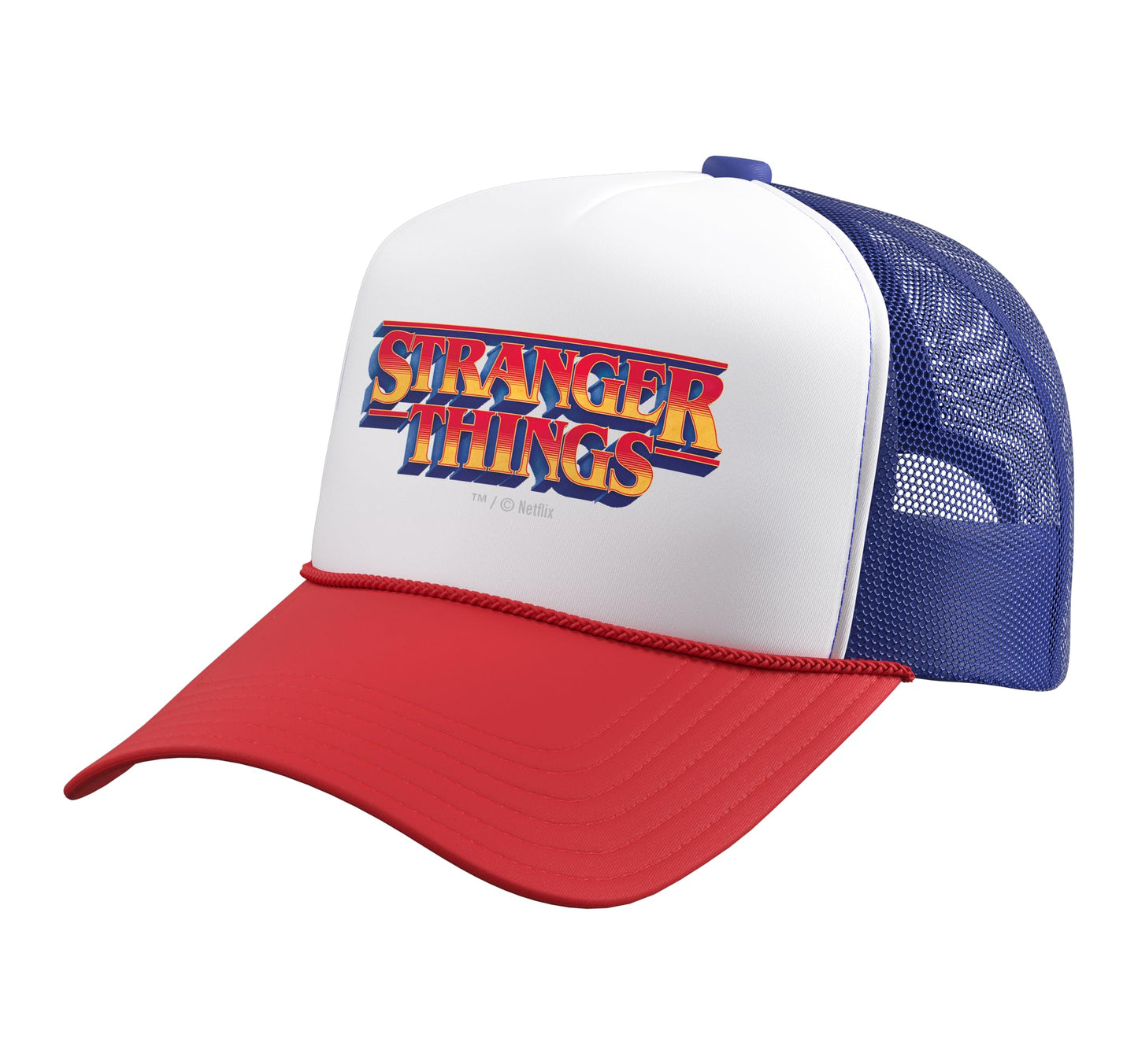 Stranger Things S5 V1 Cult Classics Character Trucker Hat with Adjustable Mesh Back, Red/White/Royal Blue