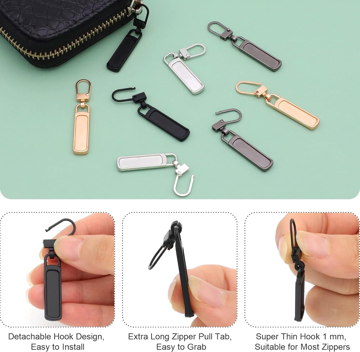 Skiennix Zipper Pull Replacement - 10 Detachable Tiny Sliders for Luggage, Jackets & More | Silver, Black, Gold, Gun Black