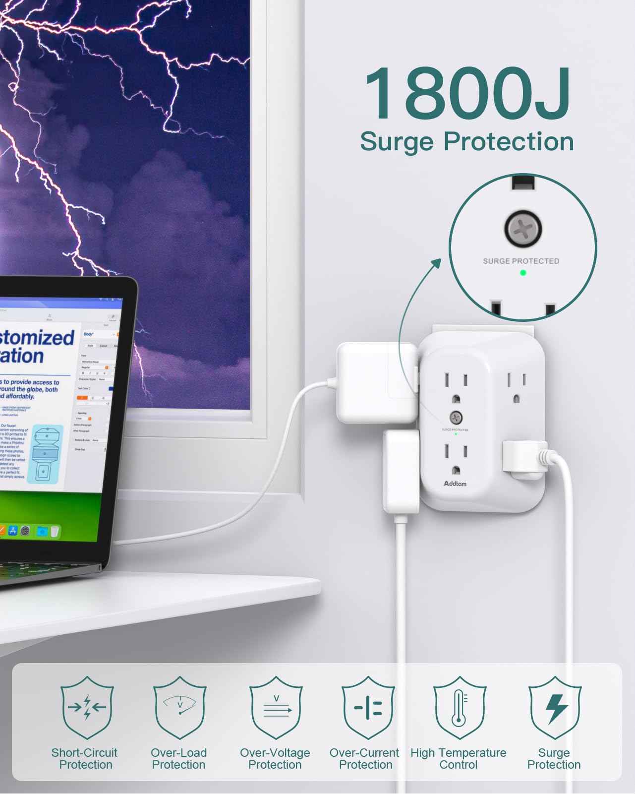 2-Pack Surge Protector Outlet Extender, Outlet Splitter, 6 AC Multi Plug Wall Outlet, Outlet Adapter with 1800J, Plug Extension Outlet for Home Office Dorm Room