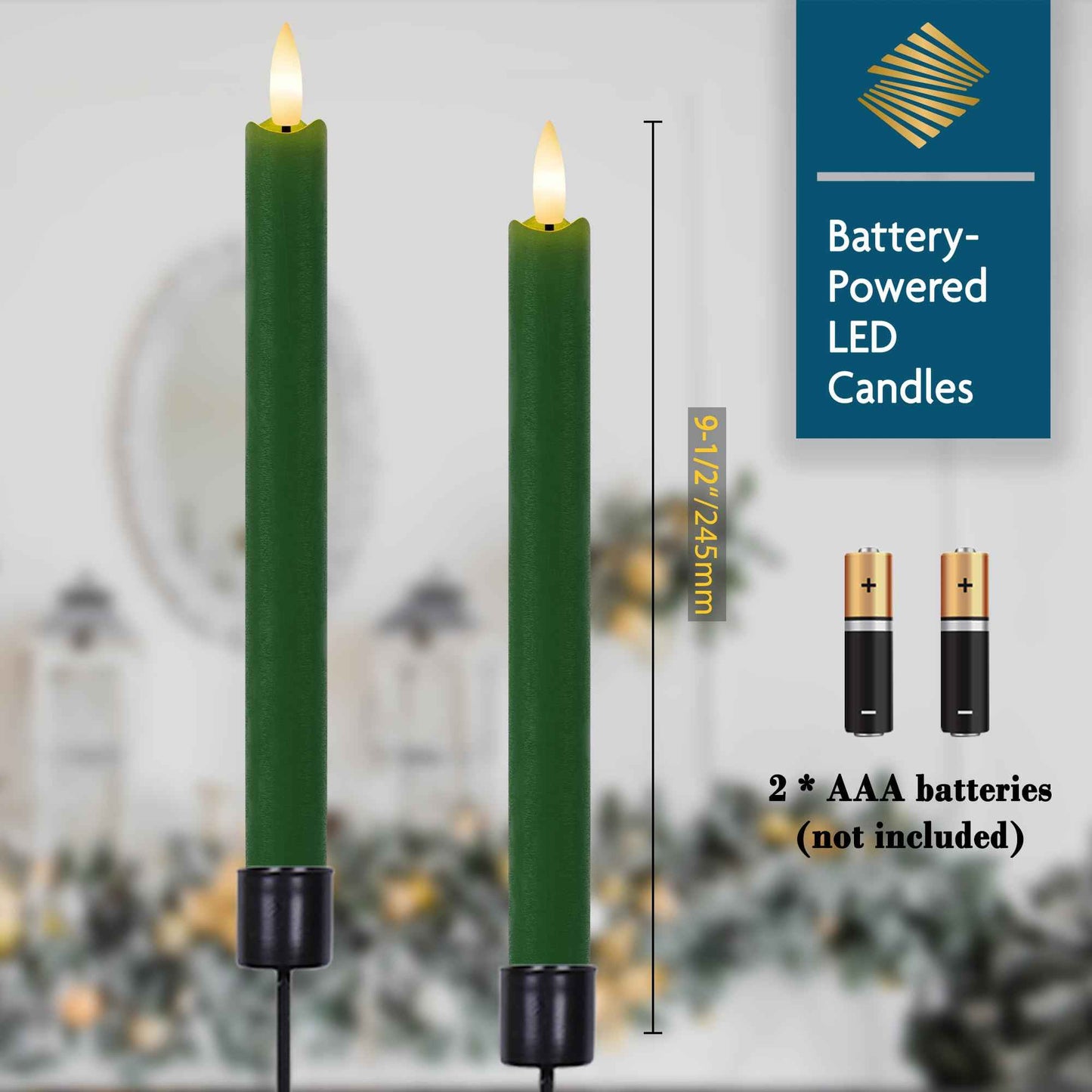 Green Flameless Taper Candles 9.6" Christmas LED Candles Real Wax with Remote Timer, Battery Operated LED Candles Set with 3D Flickering Flame, Classic Flickering Candlesticks for Home, Party, 3 Pack