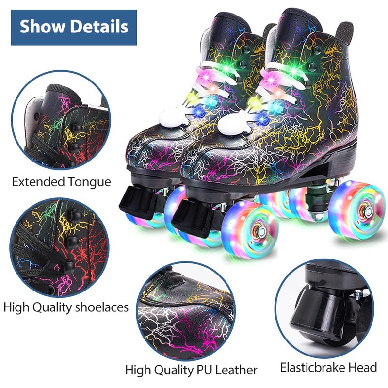 Roller Skates Women Men - Microfiber Leather Roller Skate Classic High Top Double Row Roller Skates for Indoor Outdoor with Light up Shoe Laces (Flash Wheel, 45-US Men 11= Women 12)