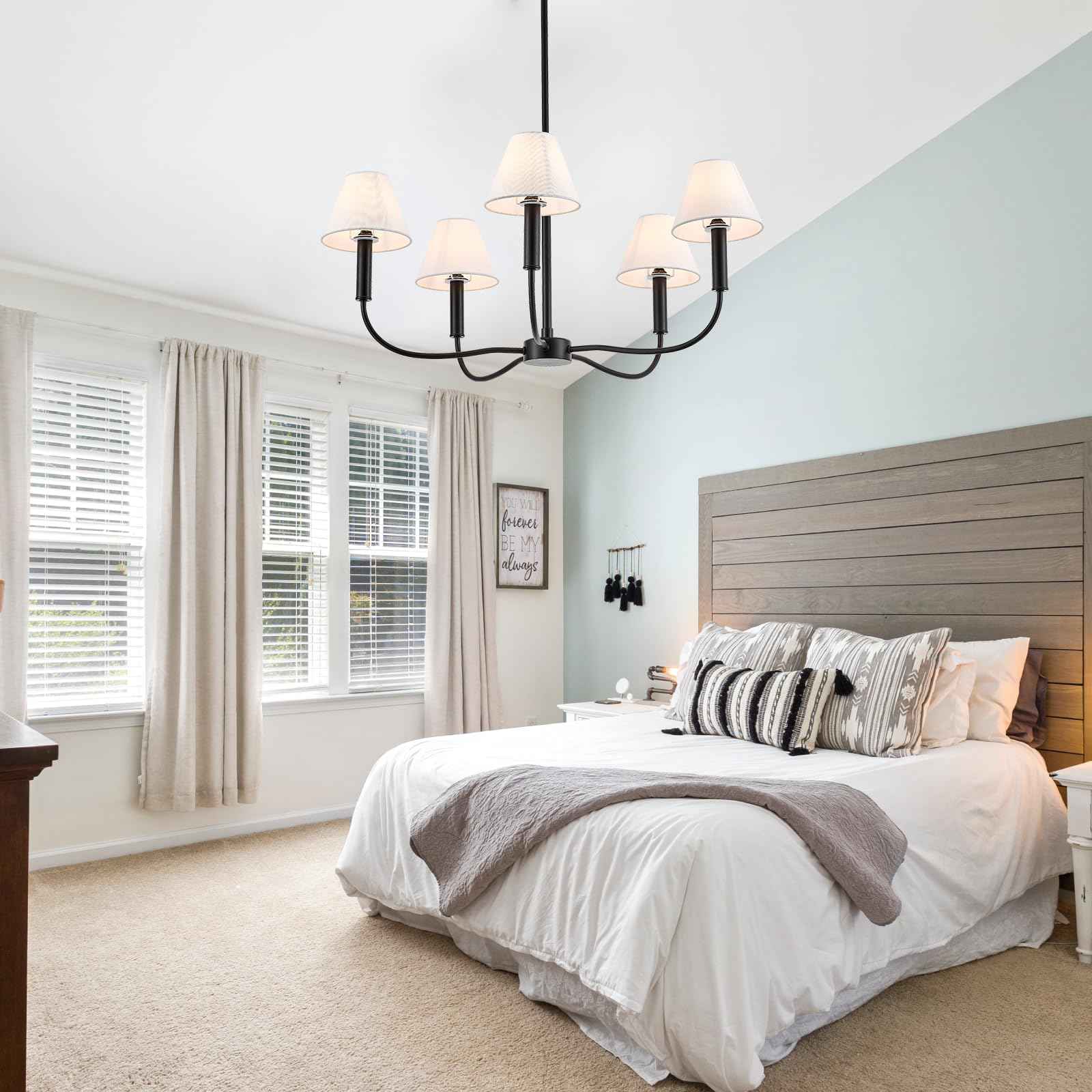 Black Farmhouse Chandeliers with White Fabric Shades, 5-Light Modern Chandelier for Dining Room Light Fixture 30’’ Large Linear Pendant Light Fixture for Kitchen Bedroom Living Room,UL Listed
