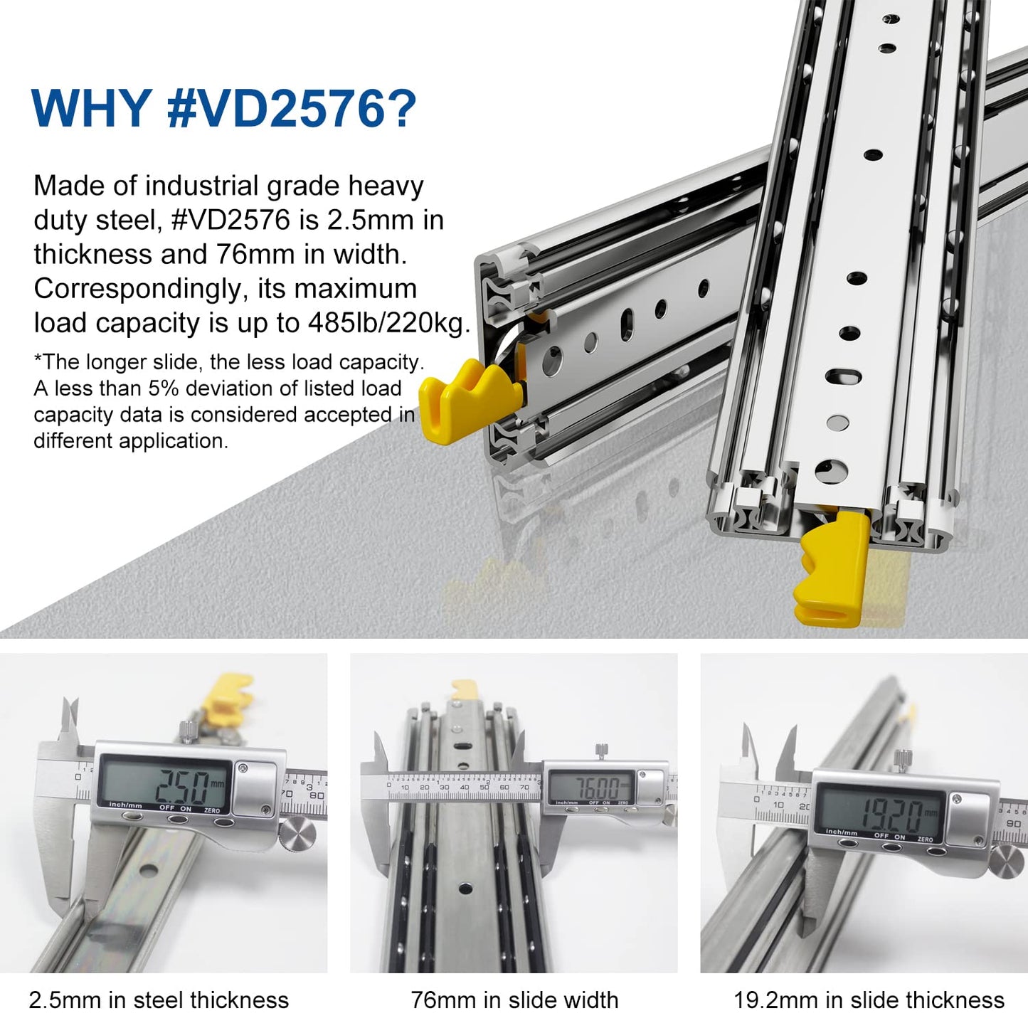 VADANIA 20" Industrial Grade Heavy Duty Drawer Slide with Lock #VD2576, 3" Widening Up to 476lb Load Capacity, 3-Fold Full Extension, Ball Bearing Lock-in & Lock-Out, Side Mount, 1-Pair