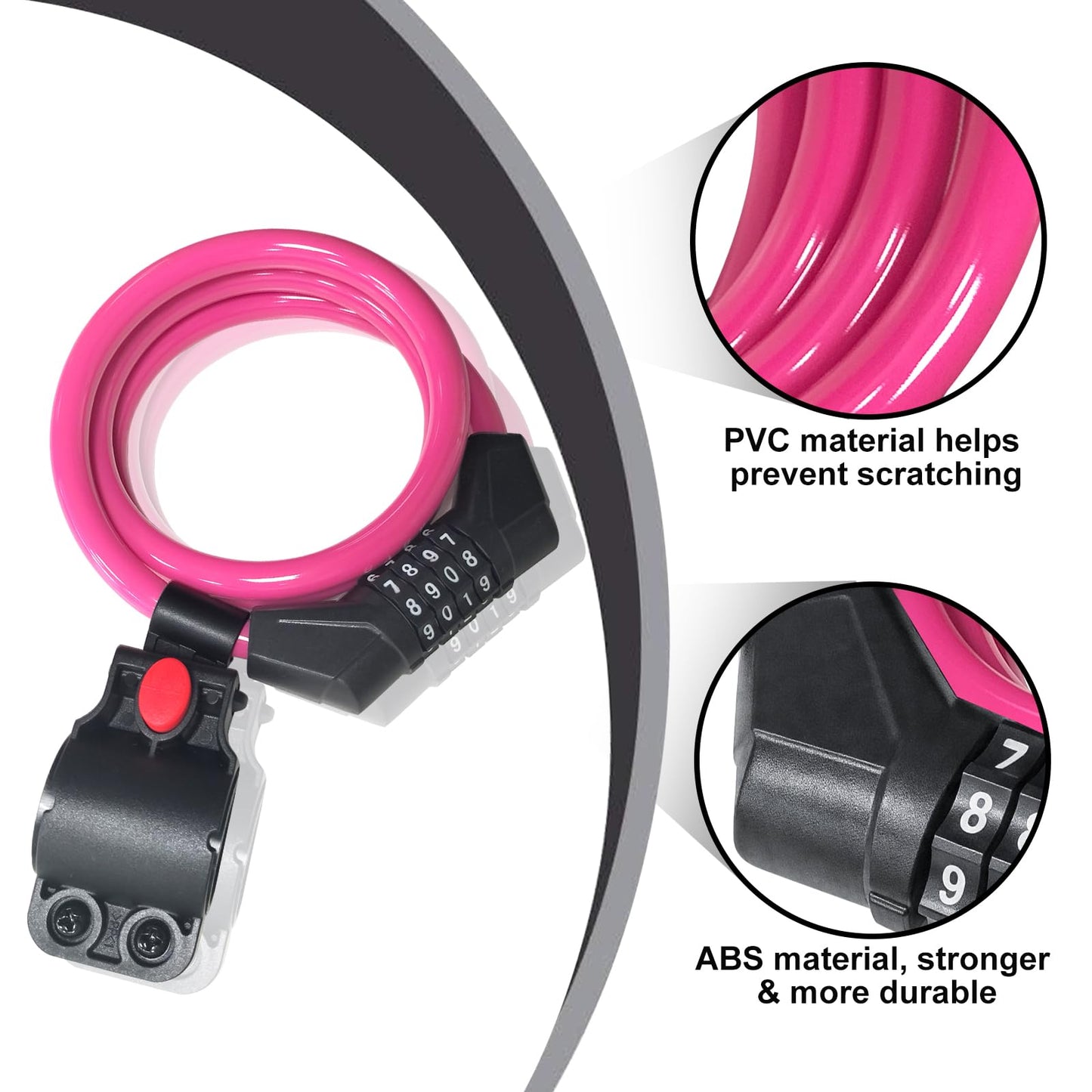 NDakter Bike Lock, 4/5.6 Feet Bicycle Cable, High Security 5 Digit Resettable Combination Coiling Bicycle Lock, Heavy Duty Anti Theft Cable with Mounting Bracket, 1/2 Inch Diameter (4FT,Pink-12mm)