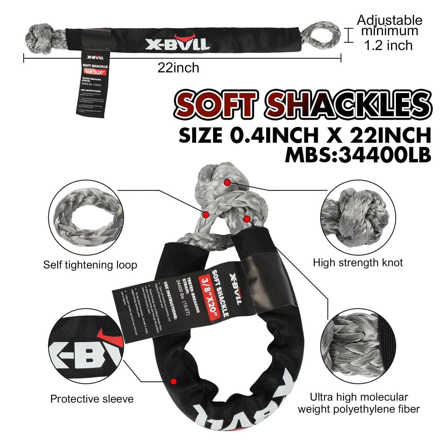 X-BULL Kinetic Rope Recovery Kit 7/8 Inches x 30Ft Kinetic Recovery Rope (34000 LBS)，Heavy Gloves and Soft Shackles for UTV, ATV Truck and Car