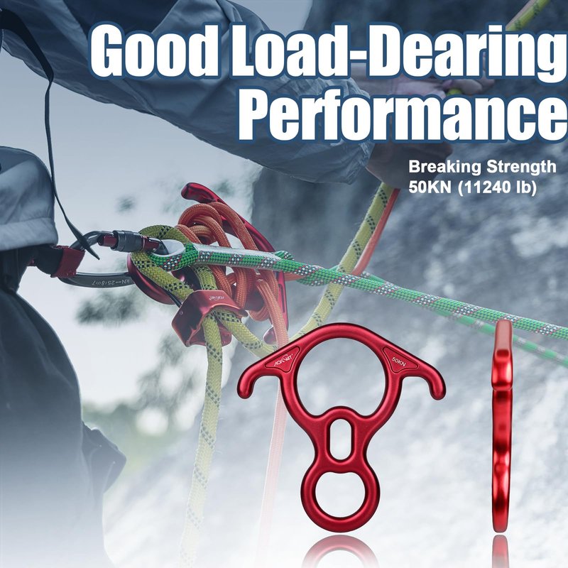 50KN Rescue Figure, 8 Descender Large Bent-Ear Belaying and Rappelling Gear Belay Device Climbing for Rock Climbing Peak Rescue 7075 Aluminum Alloy (Red)