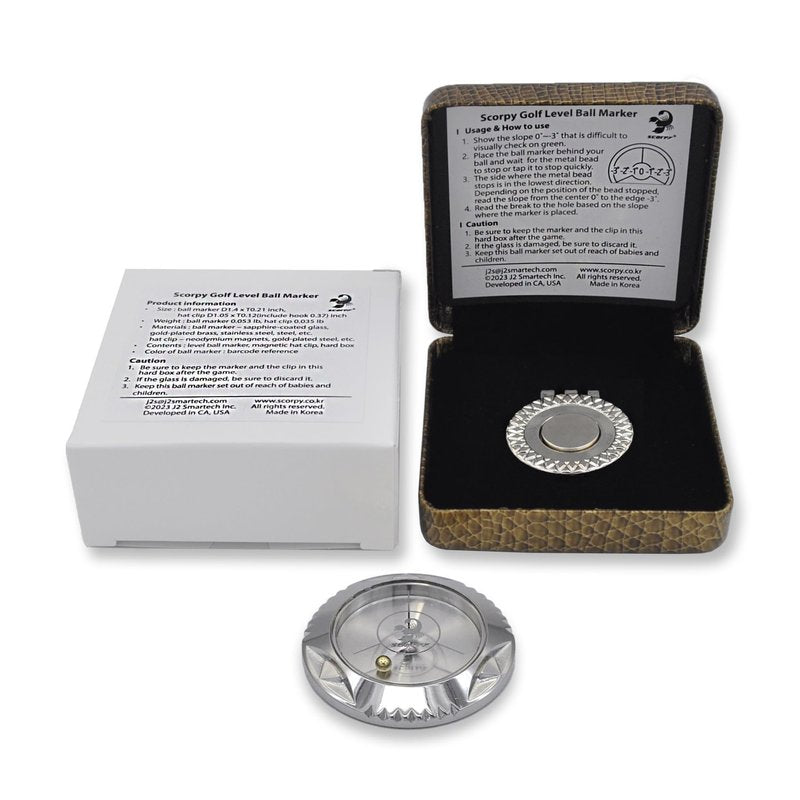 scorpy Golf Level Ball Marker with Metal Bead and Hat Clip, High Precision Putting Green Reading Aid Golf Accessories (Model Polaris, Platinum)