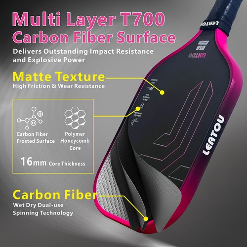 Pickleball Paddles, T700 Carbon Fiber Pickleball Paddle, Matte Surface, Gradient Color Frame, 16mm Polypropylene Honeycomb Core, Pickleball Rackets, Enhancing Spin Strength, USAPA Approved (Rose Red)