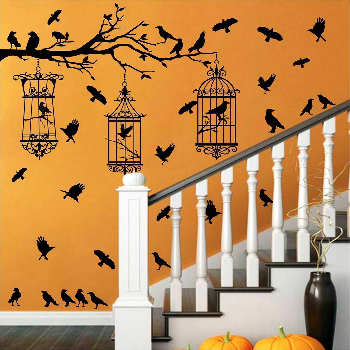 Halloween Tree Branch Wall Decals Crow Black Raven Bird Wall Decals Peel and Stick Birdcage Raven Stickers Removable Black Crows Branches Halloween Wall Stickers for Bedroom Living Room Decor
