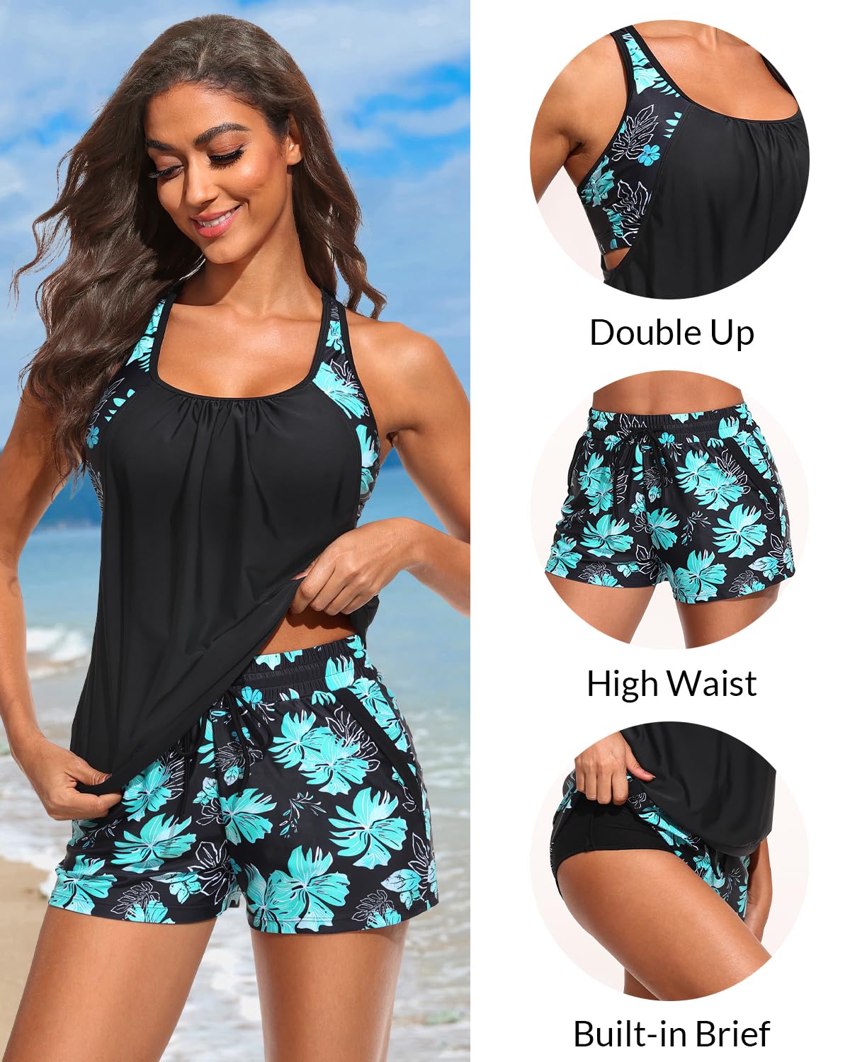 Womens 2 Piece Tankini Swimsuit Blouson Bathing Suit with Pockets Shorts