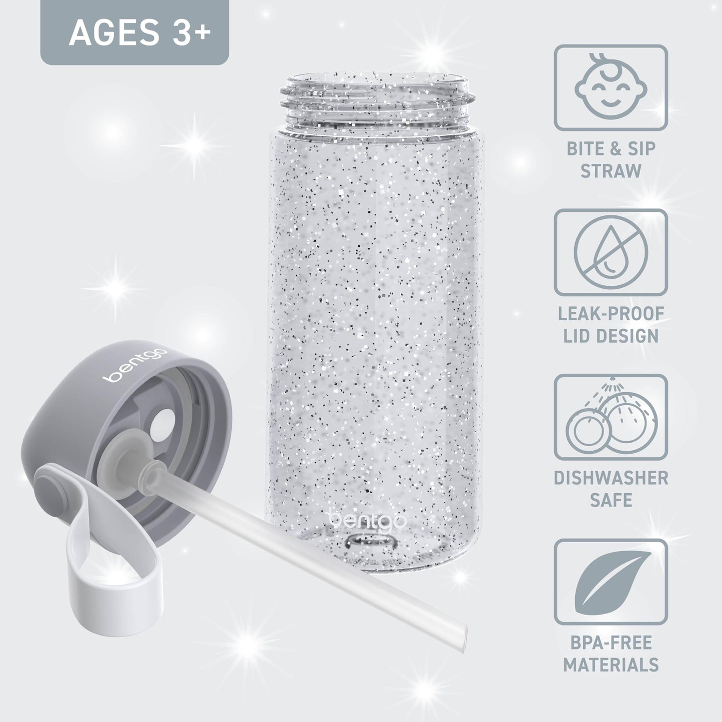 Bentgo Kids Water Bottle - Leak-Proof, Durable Tritan, BPA-Free 15 oz. Cup for Kids/Toddlers Ages 3+, Bite & Sip Spout, Carrying Handle, & Dishwasher Safe for School (Glitter Edition - Silver)
