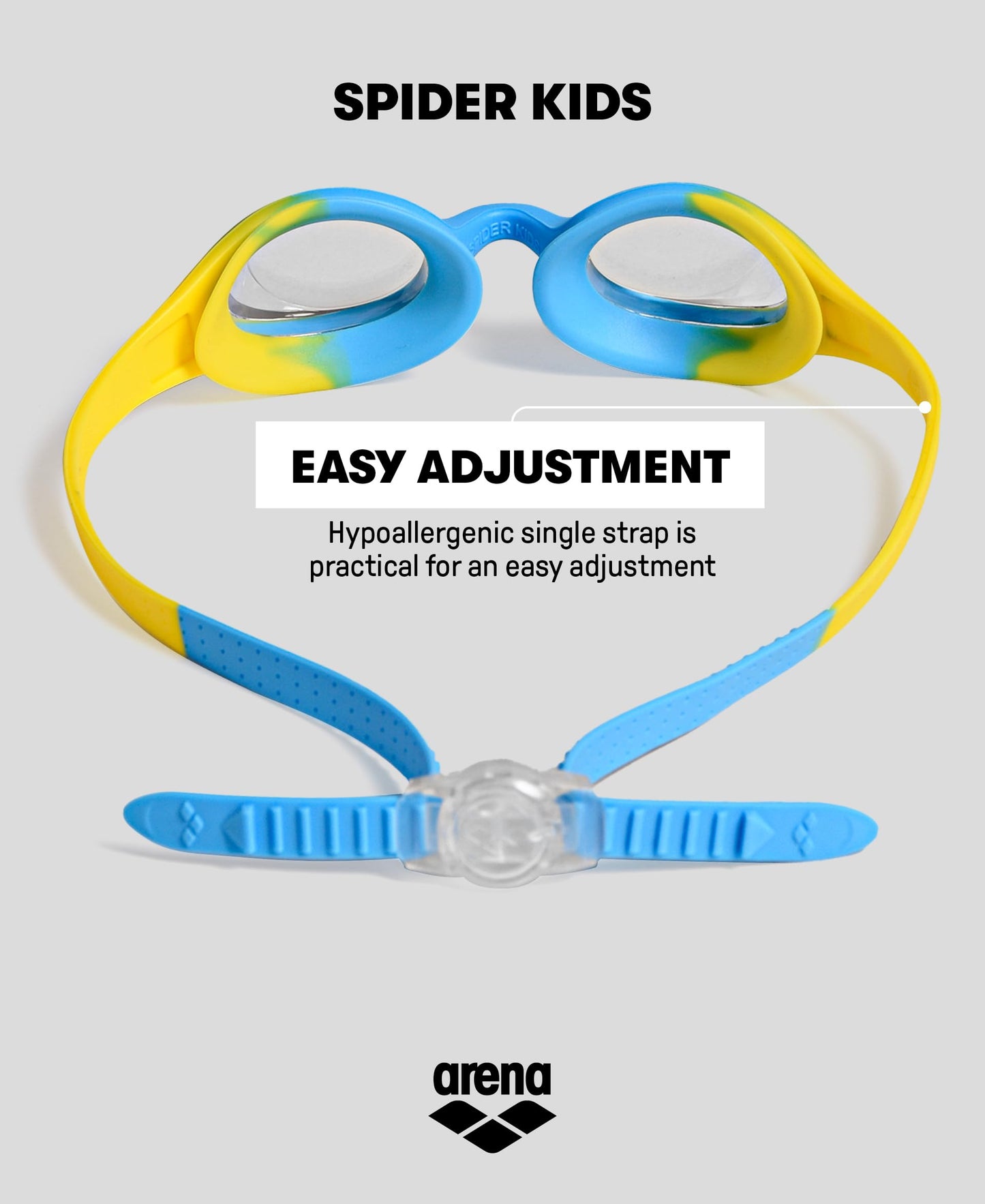 ARENA Unisex Spider Kids Swim Goggles for Boys and Girls Ages 2 to 5, Anti-Fog Non-Mirror Lens, Easy to Use Strap No Leak Goggle, Clear/Yellow/Lightblue