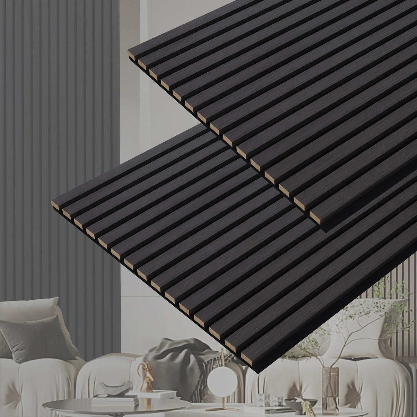 Taaizau 3D Slat Acoustic Wall Panels with Wood Finish Accent, 2 Pack Sound Absorbing Paneling for Studio, Office, Living Room, Bedroom Interior Decor (Matte Black, 48''L x 24''W)