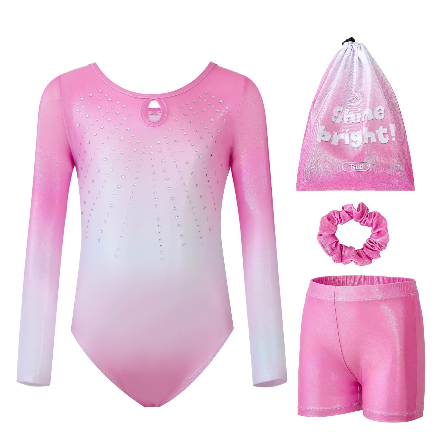 Tstiti Gymnastics Leotards for Girls Long Sleeve Outfit with Shorts and Bag
