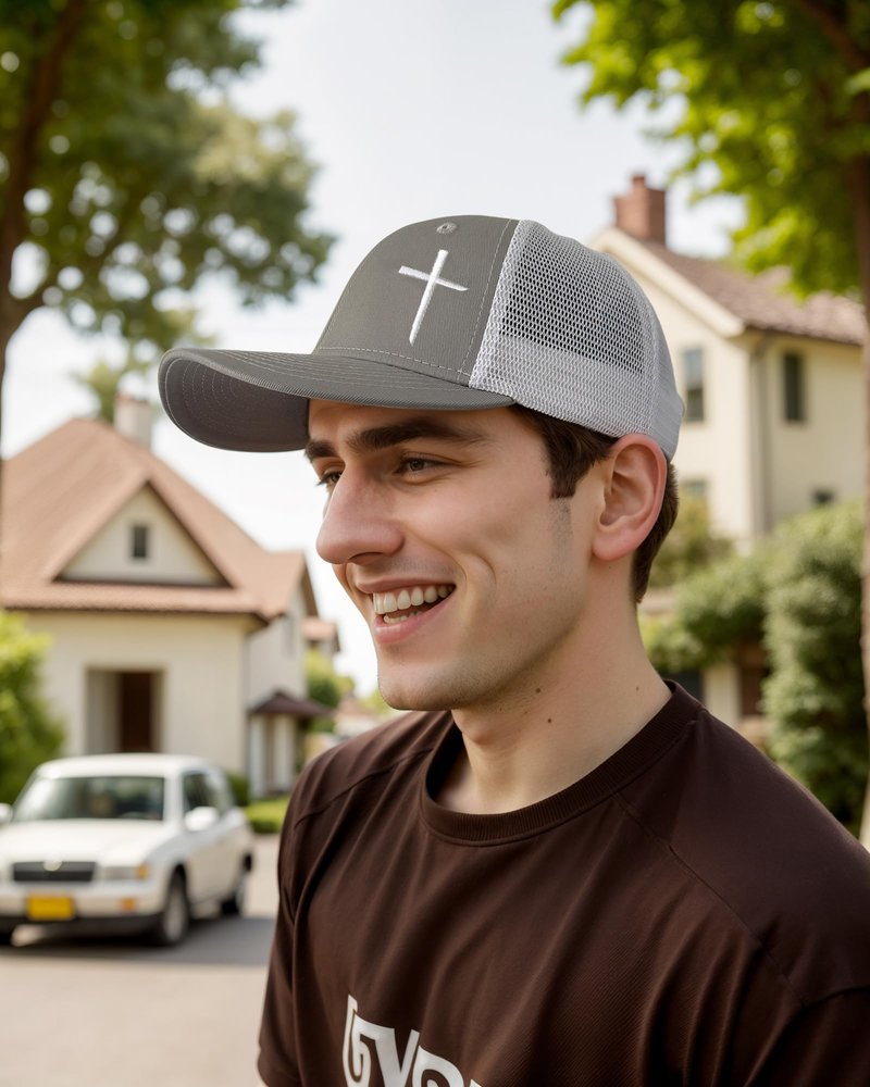 Chilltreads Christian Hats for Men Women, Embroidered Jesus Cross Trucker Hat, Grey