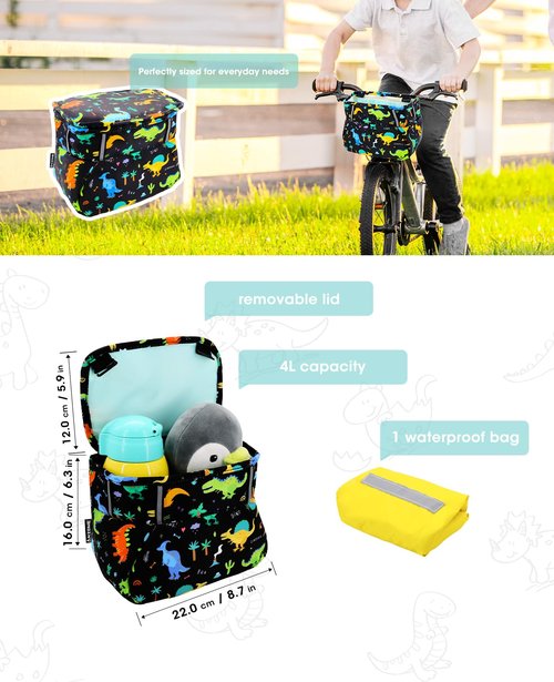 ANZOME Kids Bike Basket, Dinosaur Themed Bicycle Handlebar Bag with Waterproof Cover, Easy Mount Front Basket for Boys, Large Storage Space for Toys and Snacks, Fun Gift for Kids Bike or Scooter