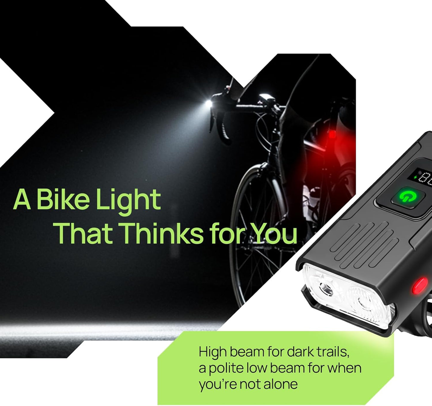 R15 Smart Bike Lights Set - USB C Rechargeable Front & Back with Auto Brake Sensing | 500 Lumen Waterproof for Night Riding