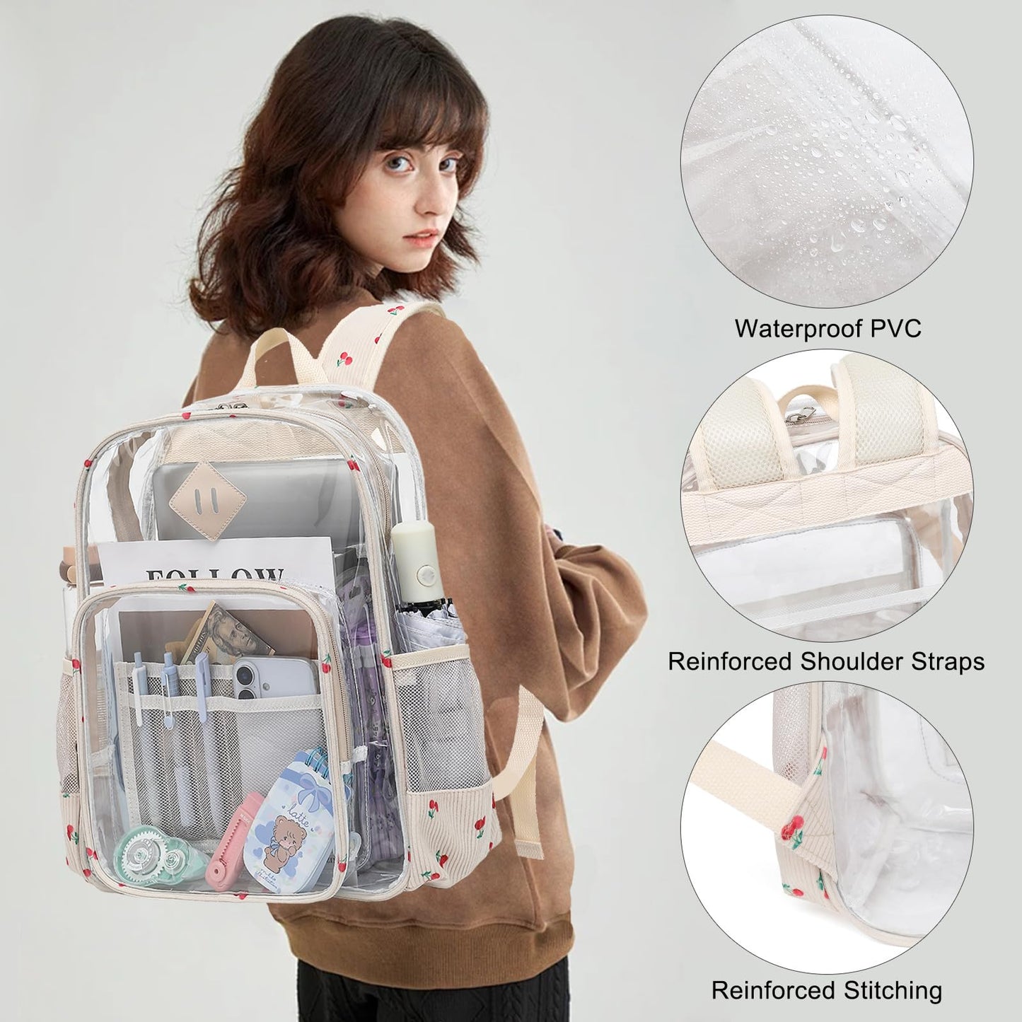 Xunteny Clear Backpack for Girls Women School Bookbag Heavy Duty Transparent Backpacks (Corduroy Cherry)