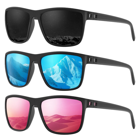 Fanshen Square Polarized Sunglasses for Men, 3 Pack Lightweight UV Protection Sun Glasses for Driving Fishing Golf (Black/Ice Blue/Pink)