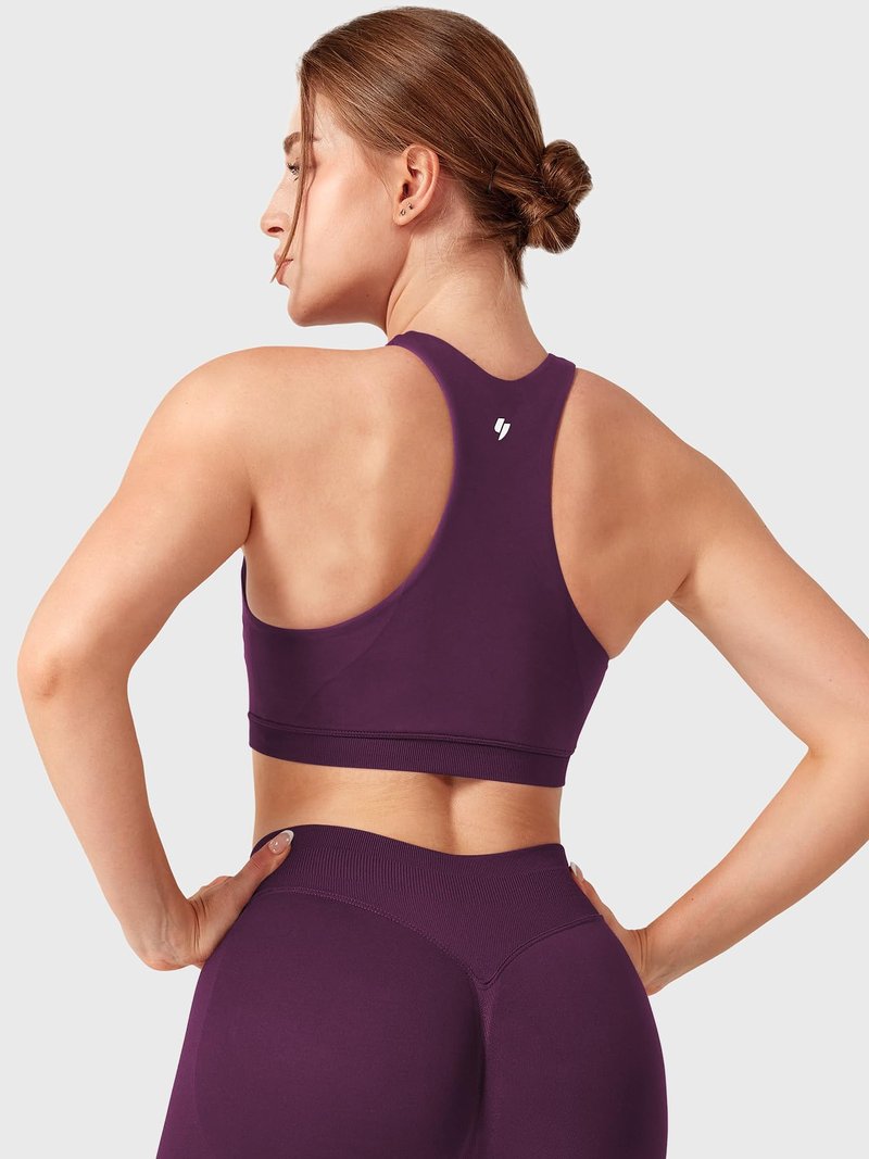 YEOREO Racerback Sports Bras for Women Padded Medium Impact Dafnien Seamless Yoga Workout Crop Tops Black Cherry M