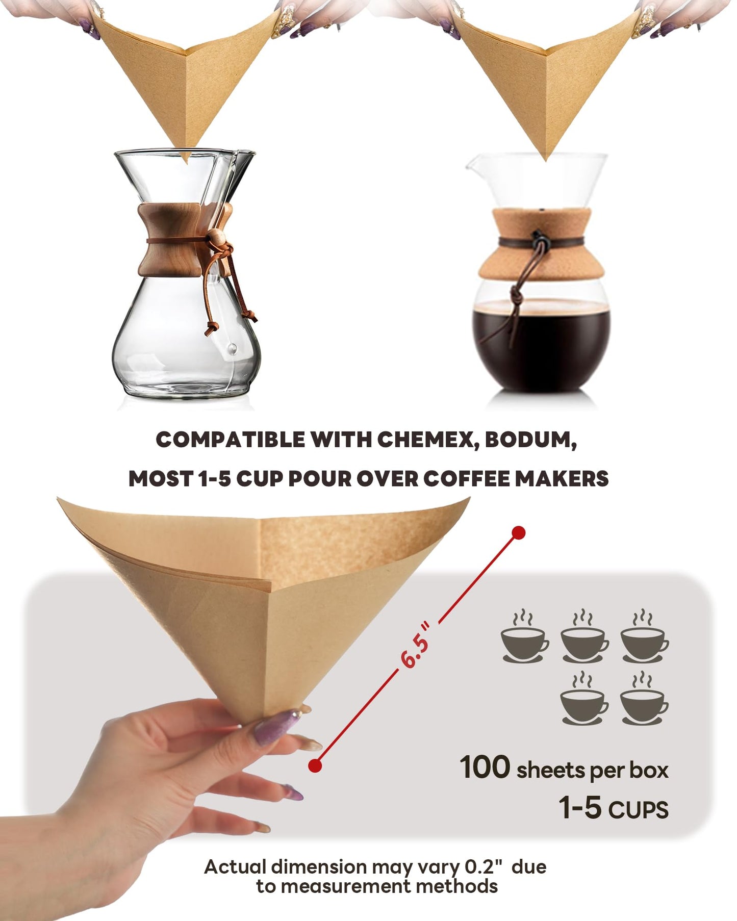 Brew Choice Pre-folded Unbleached Cone Coffee Filters, 100 Count Disposable Paper Filters Compatible with Hario V60 Size 02 Drippers, Bodum & 1-5 Cups Pour Over and Drip Coffee Makers