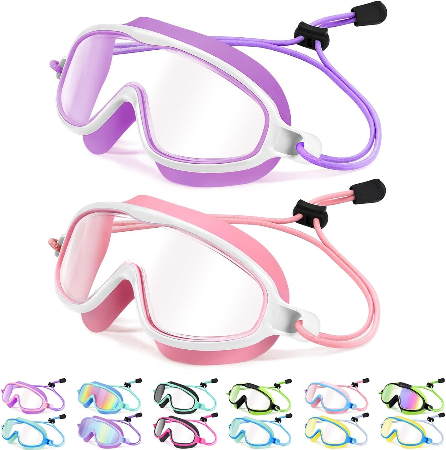 Vvinca Kids Swim Goggles - Wide View Anti-Fog UV Protection | Adjustable Bungee Strap for Ages 3-14