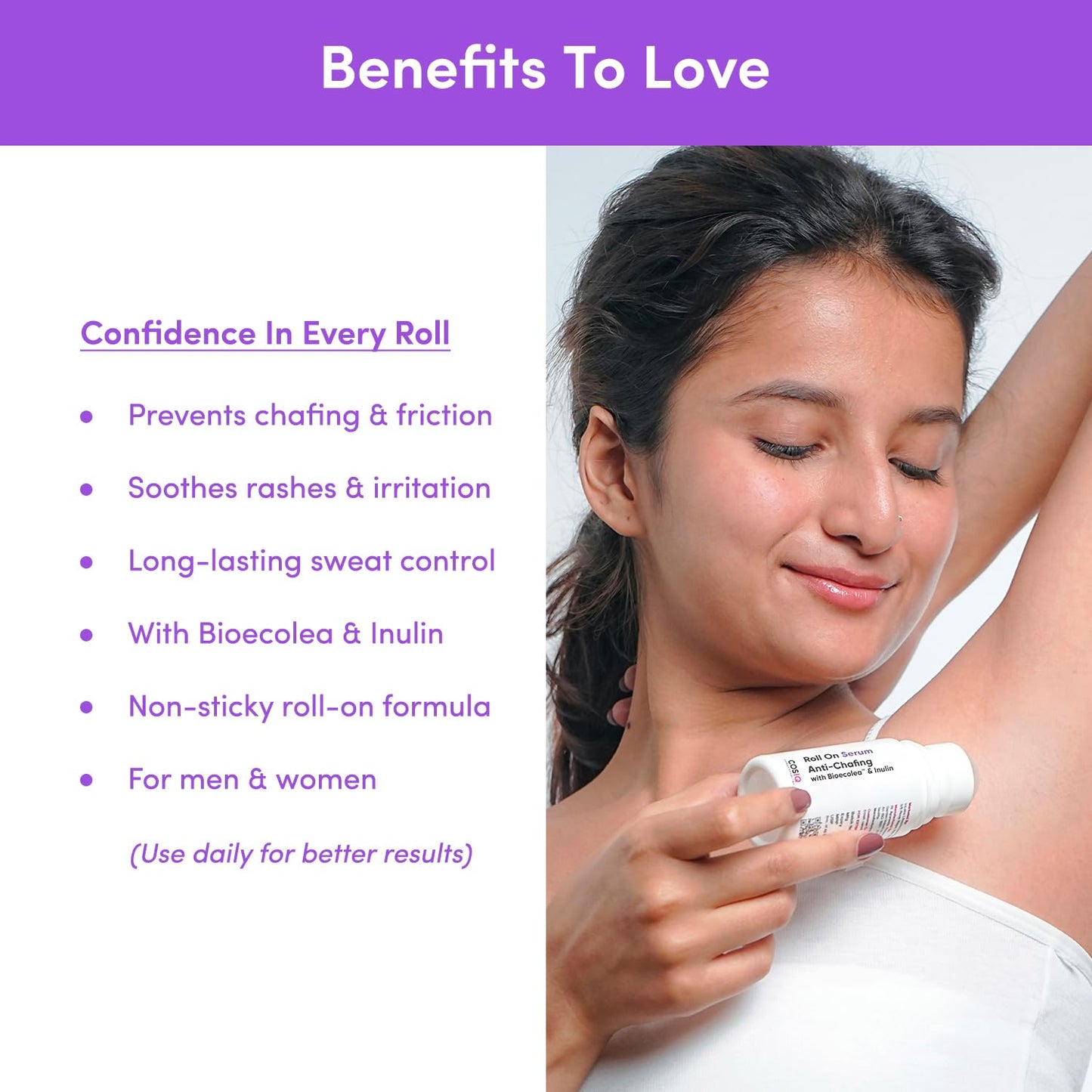 Cos-IQ Anti Chafing Roll-On Serum | For Men & Women | With Bioecolea & Inulin| Prevents Arm, Chest, Butt, Thigh, & Ball Chafing | Reduces Inner Thigh Rashes & Irritation | 40ml