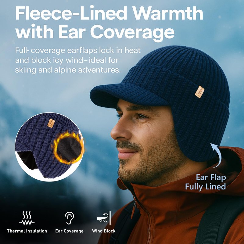 TOP-EX DryKnit™ Merino Wool Waterproof Hat with Brim and Ear Flaps Fleece Lined Beanie with Bill for Men Cold Weather Ski Outdoor Hunting for Big Head Black XL/XXL