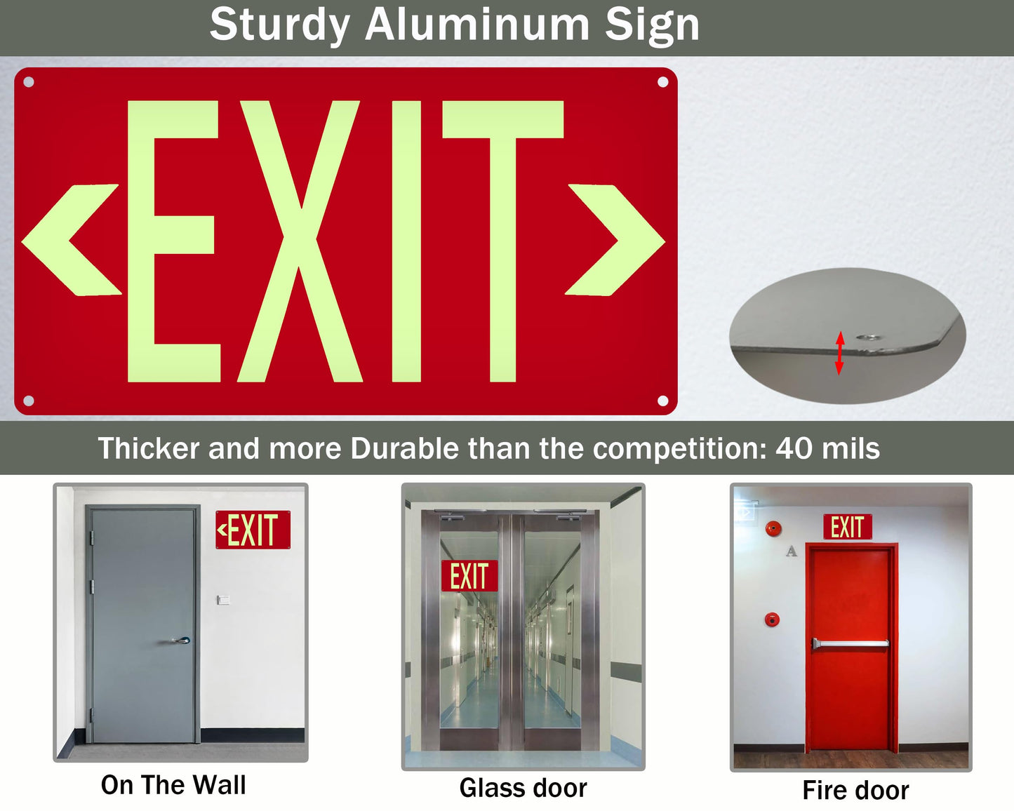 (3 Pack) Photoluminescent Exit Sign Red - with Removable Directional Arrows, With strong self adhesive tape, 14.25 x 7.5 Inches Heavy Duty Aluminum Signs, Fade Resistant