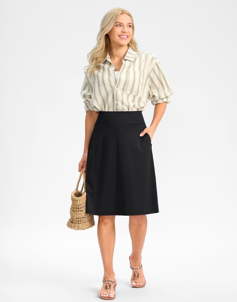 Viodia 25" Knee Length Long Skorts for Women with Pockets Dressy Casual Midi Skort Summer Travel Modest Skirts Black XL
